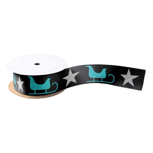 Chic Black Blue Sleigh Silver Star Glitzer Muster Satinband (Spule)