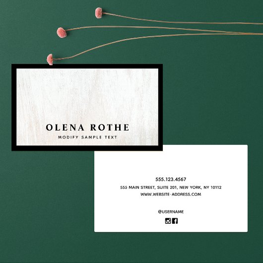Chic Black Border White Wood Beruflich Telefonnummerkarte