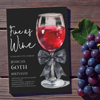 Chic Black Bow Fine as Wine 60th Birthday Party Einladung