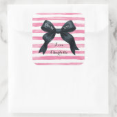 Chic Black Bow Pink White Stripe Quadratischer Aufkleber (Tasche)
