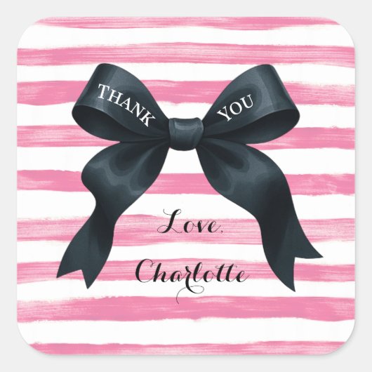 Chic Black Bow Pink White Stripe Quadratischer Aufkleber (Vorderseite)