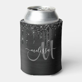 Chic Black Brushed Metal Dripping Glitzer Monogram Dosenkühler