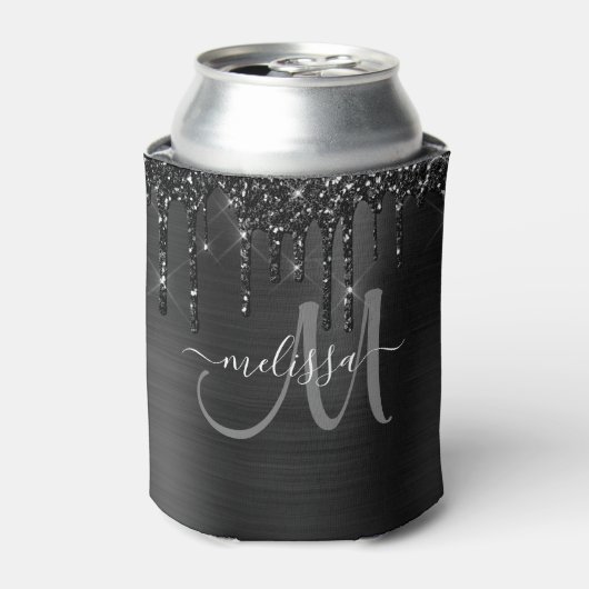 Chic Black Brushed Metal Dripping Glitzer Monogram Dosenkühler (Kanne Vorderseite)