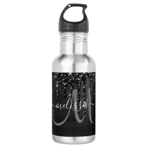 Chic Black Brushed Metal White Monogram Edelstahlflasche