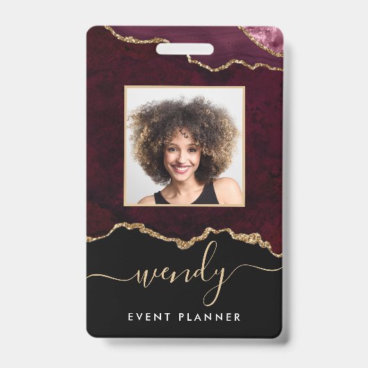 Chic Black Burgund Red Gold Glitzer Agate Foto Ausweis (Vorderseite)