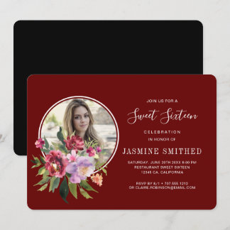 Chic Black Burgundy floral Themed Foto Sweet 16 Einladung