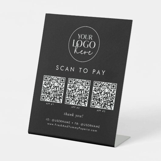 Chic Black Business Logo QR Code Scan zu bezahlen Sockelschild (Vorderseite)