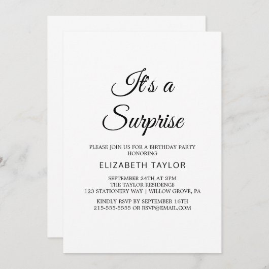 Chic Black Calligraphy Überraschung Party Einladun Einladung (Vorne/Hinten)