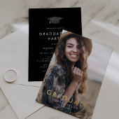 Chic Black Cap Gold Foil Foto Graduation Party Folieneinladung