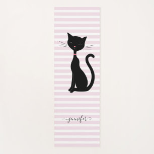 Chic Black Cat Personalisiert Name Rosa Streifen Yogamatte