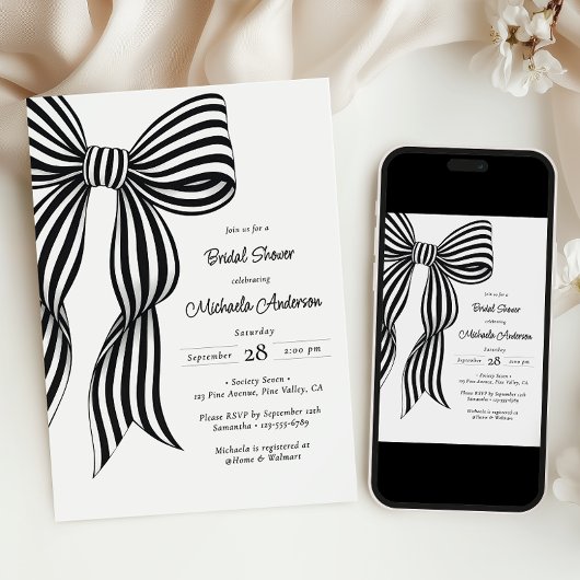 Chic Black Coquette Bow Striped Bridal Shower Invi Einladung