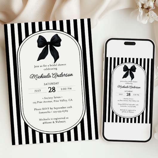 Chic Black Coquette Bow Striptes Brautparty Einladung