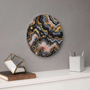 Chic Black Coral Pink White Gold Marmor Muster Große Wanduhr