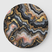 Chic Black Coral Pink White Gold Marmor Muster Große Wanduhr (Vorderseite)