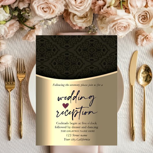 Chic Black Damask Gold Hochzeitsempfang Einladung