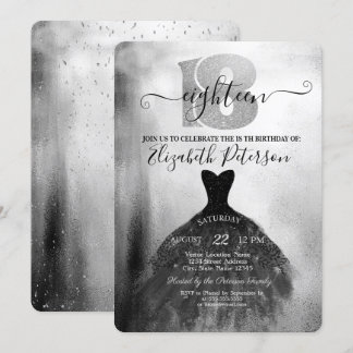 Chic Black Dress Silver Confetti 18. Geburtstag Einladung