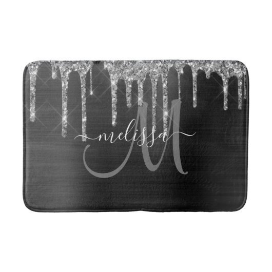 Chic Black Dripping Glitzer Brush Metal Monogram Badematte (Vorderseite)