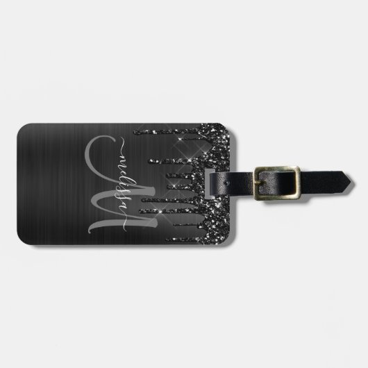 Chic Black Dripping Glitzer Brush Metal Monogram Gepäckanhänger (Vorderseite horizontal)