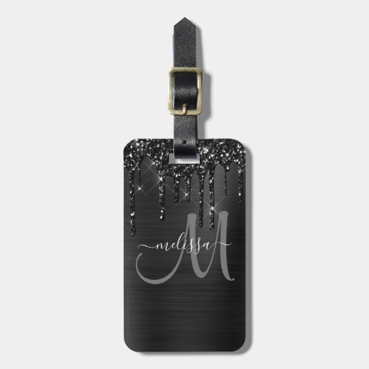 Chic Black Dripping Glitzer Brush Metal Monogram Gepäckanhänger (Vorderseite vertikal)