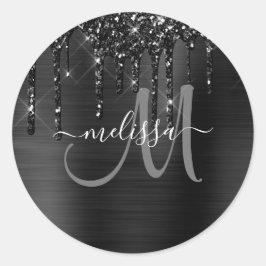 Chic Black Dripping Glitzer Brushed Metal Monogram Runder Aufkleber
