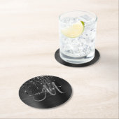 Chic Black Dripping Glitzer Brushed Metal Monogram Runder Pappuntersetzer (Vor Ort)