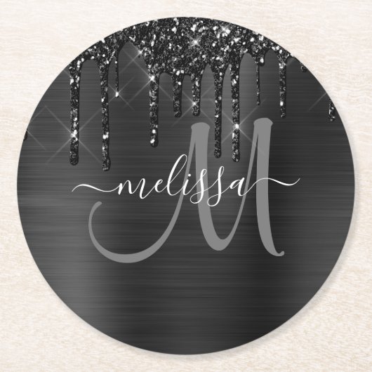Chic Black Dripping Glitzer Brushed Metal Monogram Runder Pappuntersetzer (Vorderseite)