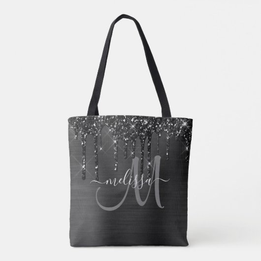 Chic Black Dripping Glitzer Brushed Metal Monogram Tasche (Rückseite)