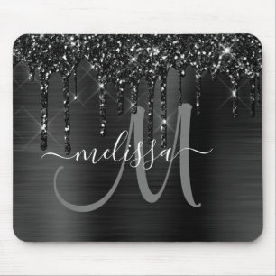 Chic Black Dripping Glitzer Metal Monogram Mousepad