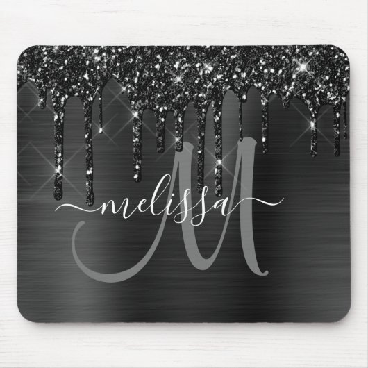 Chic Black Dripping Glitzer Metal Monogram Mousepad (Vorne)