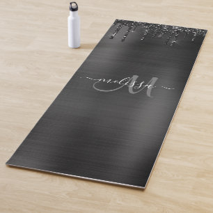 Chic Black Dripping Glitzer Monogramm Yogamatte