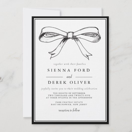 Chic Black Elegant Hand Drawn Bow Wedding Einladung (Vorderseite)