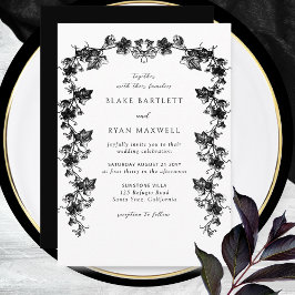 Chic Black Enchanting Botanical Garlands Wedding Einladung