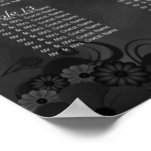 Chic Black Floral 15 Hochzeitstabellen Sitzplan Poster (Ecke)