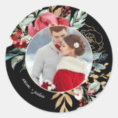 Chic Black Floral Holiday Wedding Foto Runder Aufkleber (Vorderseite)