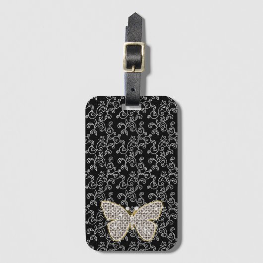 Chic Black Floral Jewel Butterfly Gepäckanhänger (Vorderseite Vertikal)