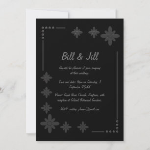 Chic Black Floral Silver Frame Wedding Einladung