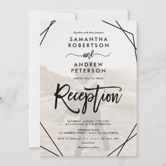 Chic Black Frame einfache Foto Skript-Empfang Einladung (Vorderseite)