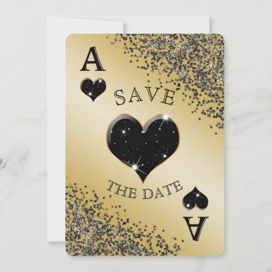 Chic Black Glitzer & Ace of Hearts Save the Date Einladung (Rückseite)