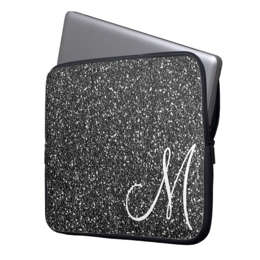 Chic Black Glitzer Monogram Trendy Laptopschutzhülle (Vorderseite Links)