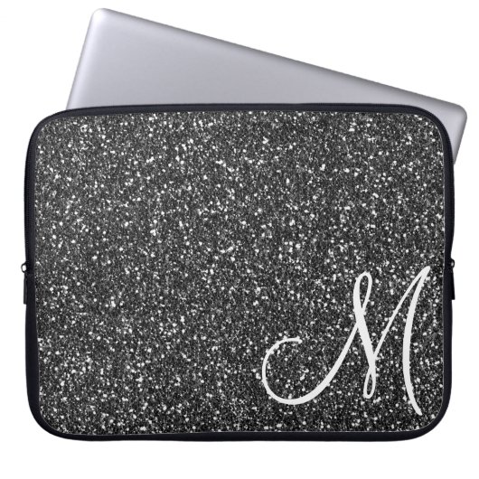 Chic Black Glitzer Monogram Trendy Laptopschutzhülle (Vorderseite)