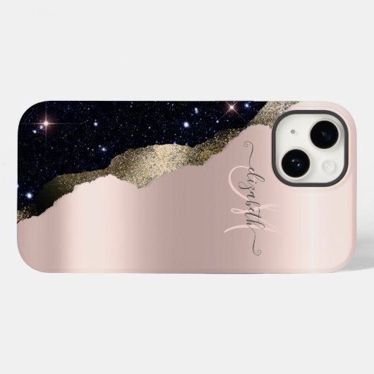 Chic Black Glitzer Rose Gold Monogram Case-Mate iPhone Hülle (Rückseite (Horizontal))