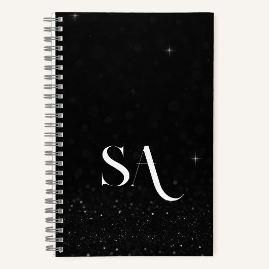 Chic Black Glitzer Spiral Notebook mit Initialen Notizblock (Vorderseite)