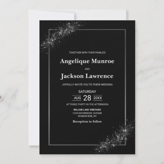 Chic Black Glitzer Wedding Einladung (Vorderseite)