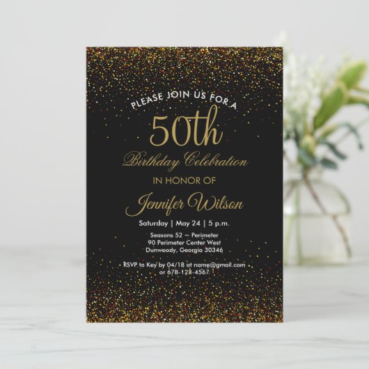 Chic Black & Gold 50. Geburtstag Einladung (Stehend Vorderseite)
