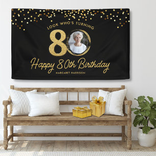 Chic Black Gold 80. Geburtstagsparty Custom Foto Banner