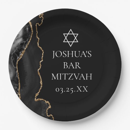 Chic Black Gold Agate Bar Mitzvah Party Pappteller (Vorderseite)