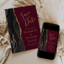 Chic Black Gold Agate Burgundy Save the Date Card