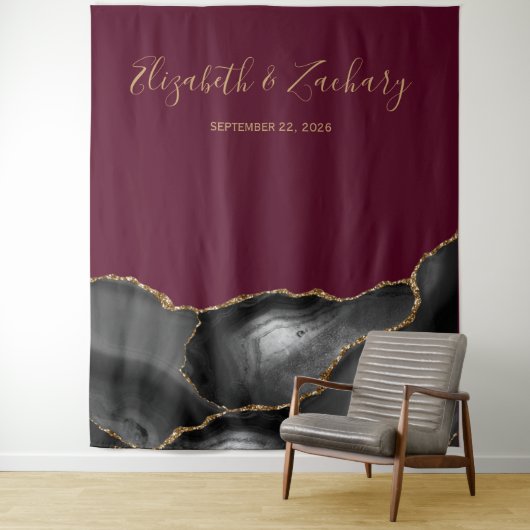 Chic Black Gold Agate Burgundy Wedding Foto Stand Wandteppich (Beispiel)