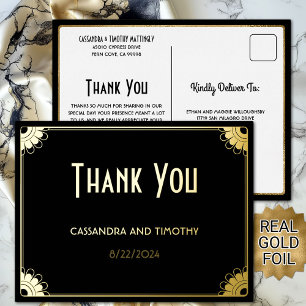 Chic Black Gold Art Deco Floral Wedding Vielen Dan Folie Einladungspostkarte
