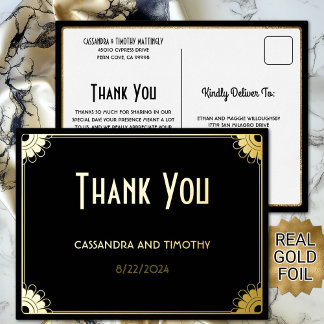 Chic Black Gold Art Deco Floral Wedding Vielen Dan Folie Einladungspostkarte